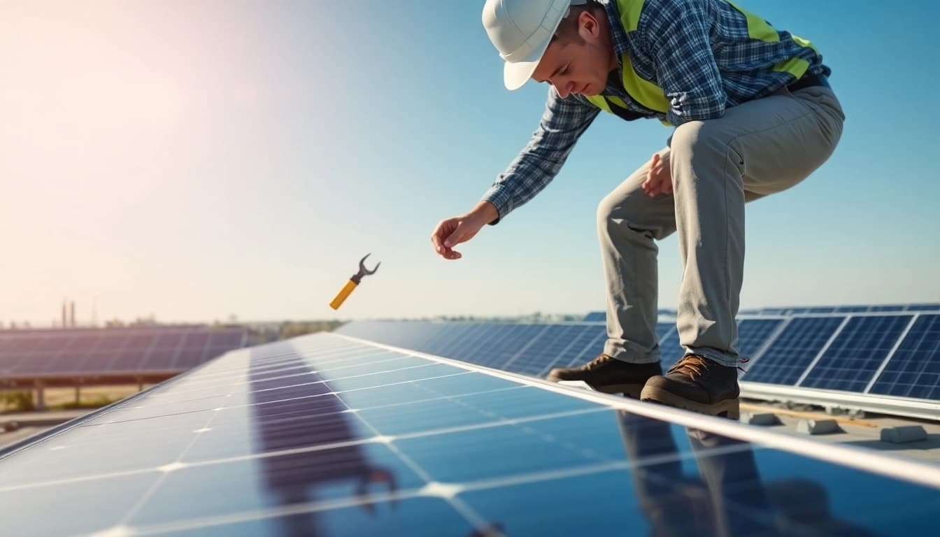 Technician expertly conducting a solar panel repair amidst a bright rooftop setting.