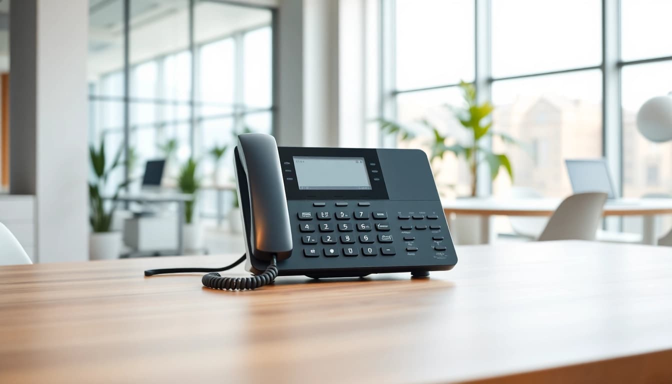 Showcasing small business phone systems in a modern office space, emphasizing productivity and professionalism.