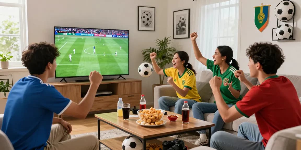 Menonton siaran langsung Piala Dunia FIFA 2026 di TATA4D dengan teman-teman di ruang tamu.
