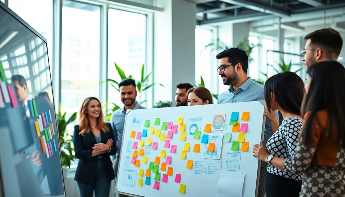 Engaged team at a social media agency brainstorming strategies in a vibrant office.