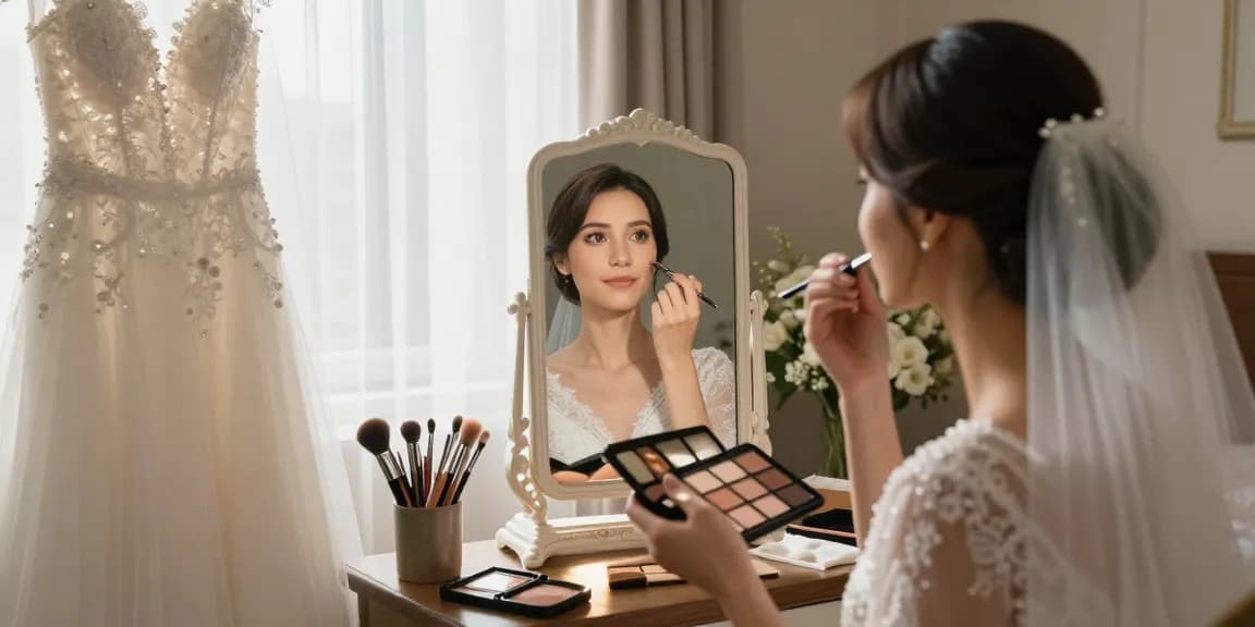 Trucco sposa in un'atmosfera romantica, sposa che si prepara in camera con accessori e luce naturale.