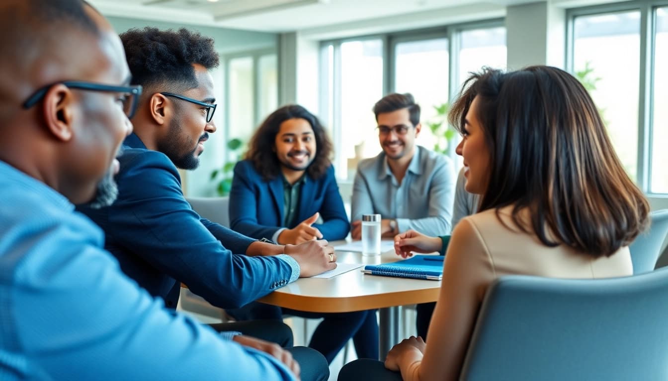 Engaging session on Career Coaching in a bright office environment with diverse participants.