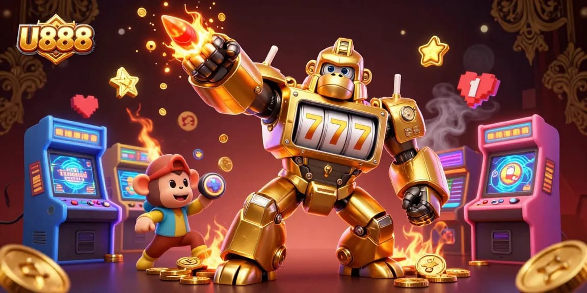 U888's exciting casino adventure showcases a golden gorilla mech amidst vibrant game machines and coins.