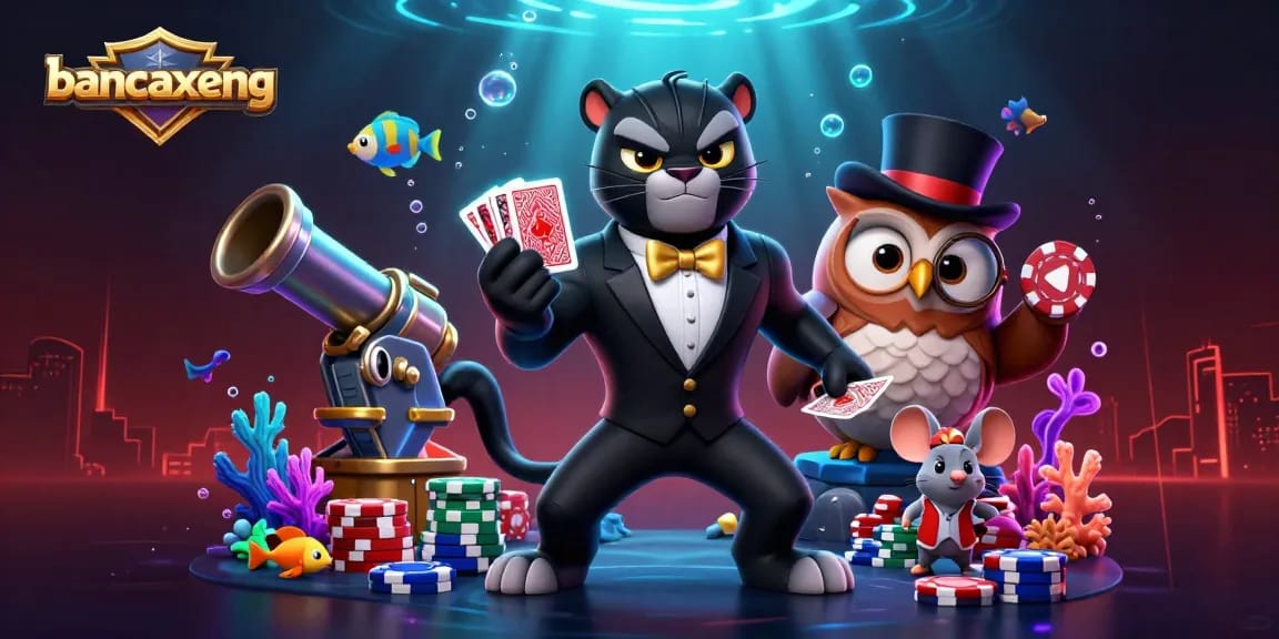 Experience the excitement of bancaxeng as a stylish panther deals cards alongside charming characters, all themed around exciting fish shooting adventures.
