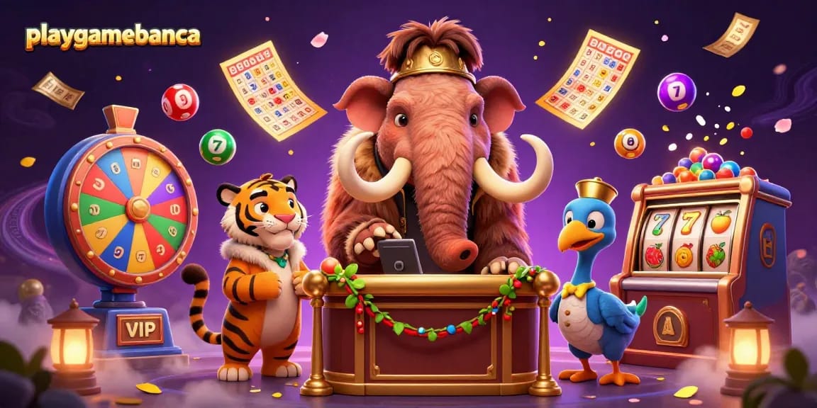 Experience thrilling moments at playgamebanca with vibrant casino characters and games in a dynamic scene.