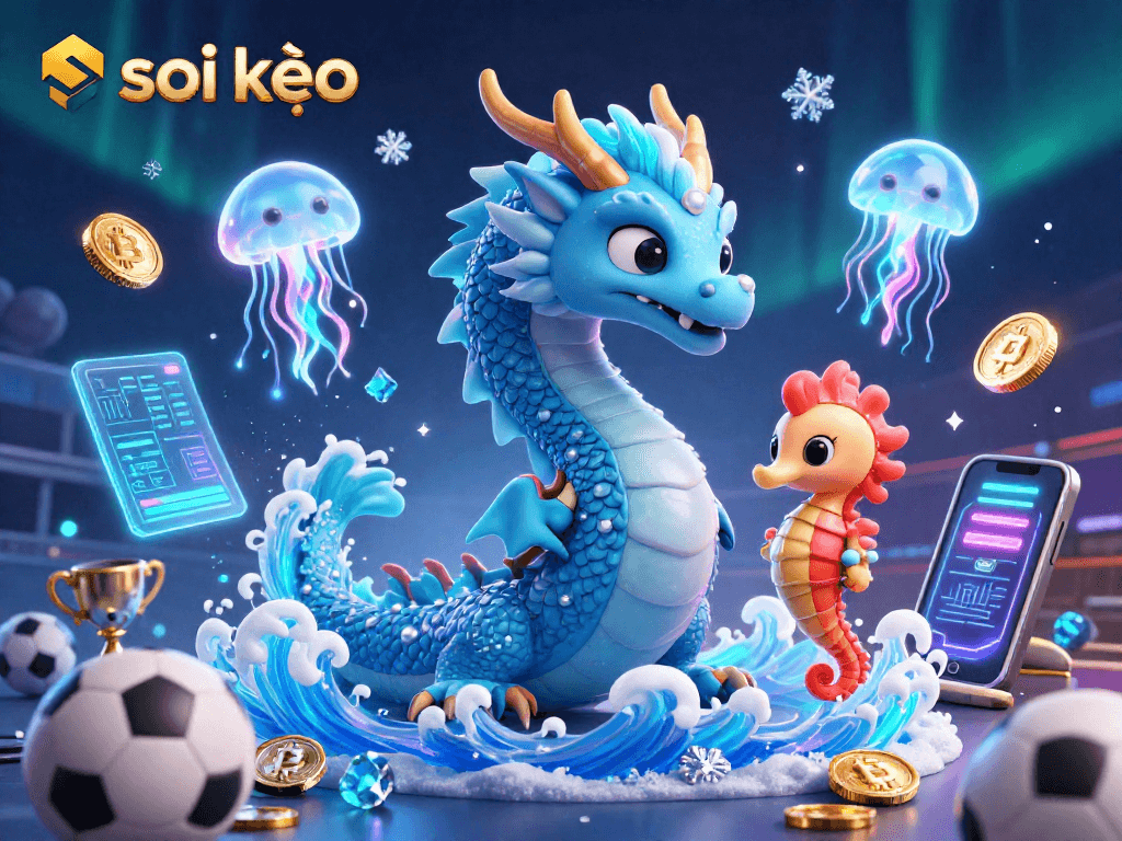 Engage in soi kèo sports betting with an exciting 3D illustration of a dragon, knight, and jellyfish.