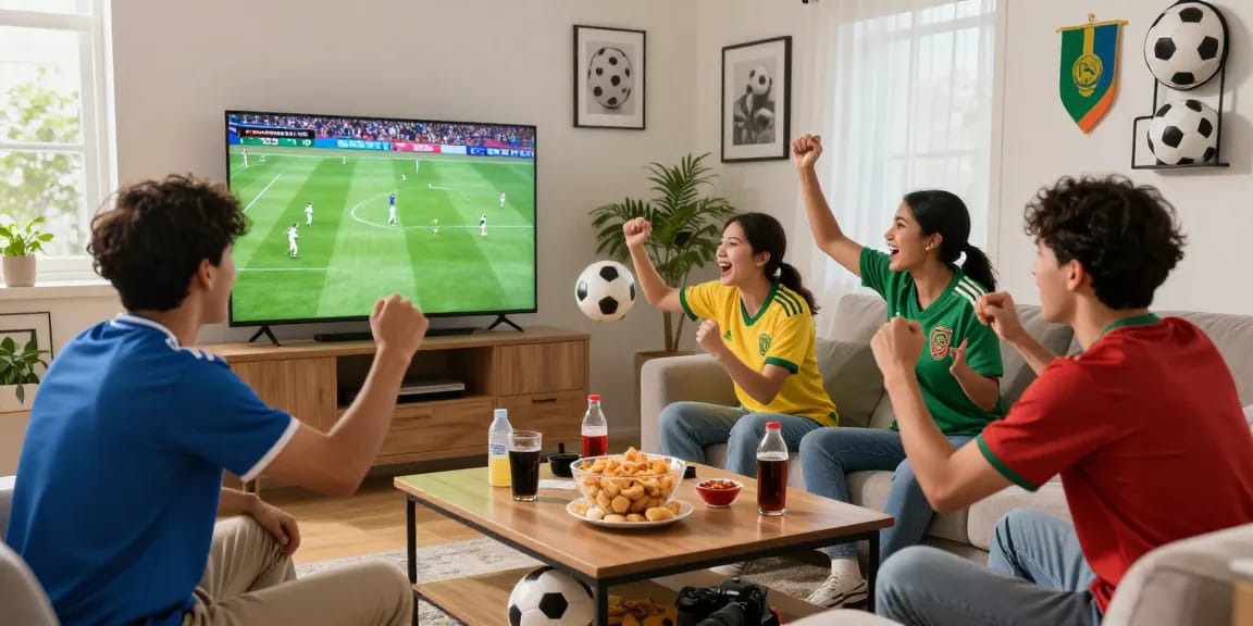 Menonton siaran langsung Piala Dunia FIFA 2026 di TATA4D dengan teman-teman di ruang tamu.