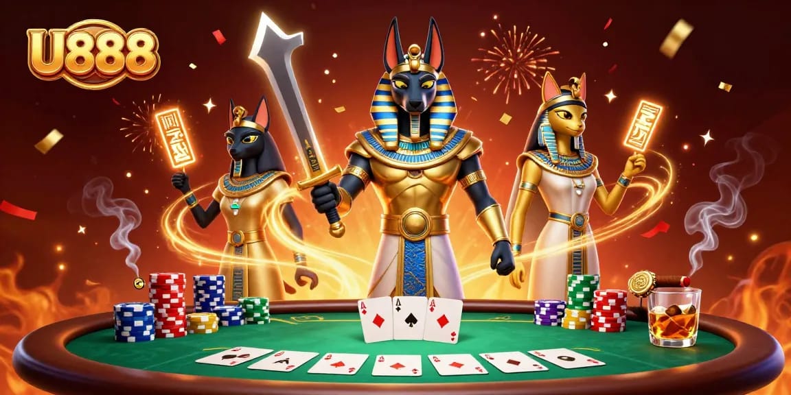 Experience thrilling poker action at U888 with Anubis and Bastet amidst vibrant casino elements.