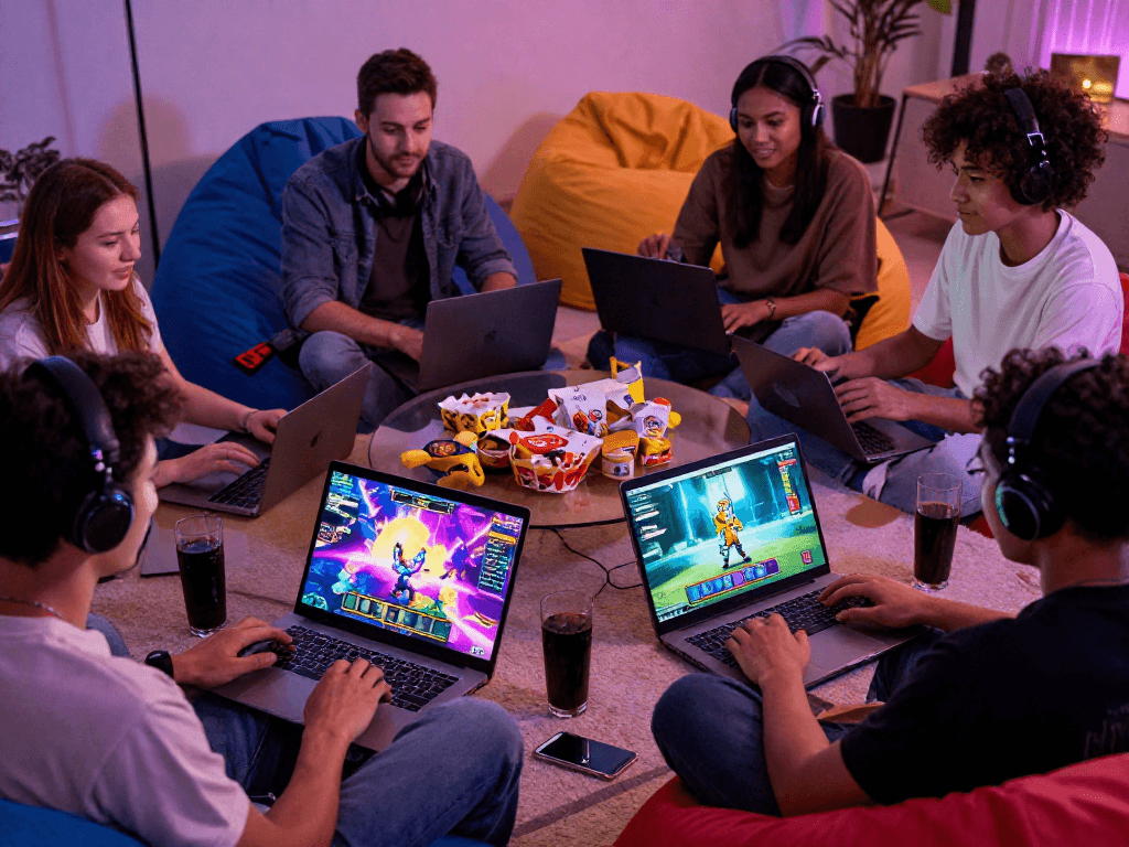 Friends playing sex games online, showcasing vibrant graphics and multiplayer fun in a cozy living room.
