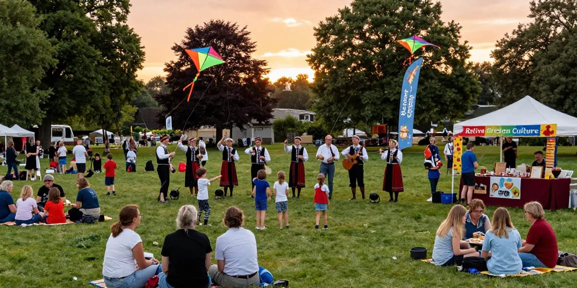 Community celebration of Breton culture at a park with vibrant atmosphere showcasing traditional music, food stalls, and playful kites, featuring the keyword เกมสล็อต.