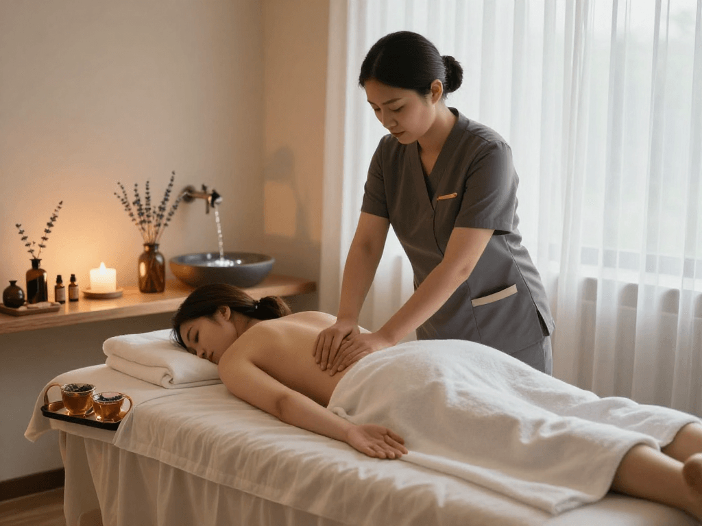 Client enjoying a mantra88 login spa massage therapy session in a serene treatment room with calming ambiance.