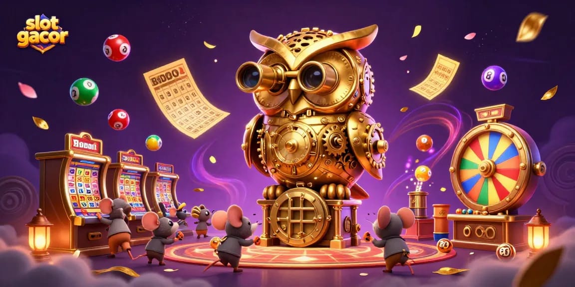 Slot gacor dalam ilustrasi 3D yang menampilkan burung hantu emas bertema kasino, dikelilingi bola lotere berwarna.
