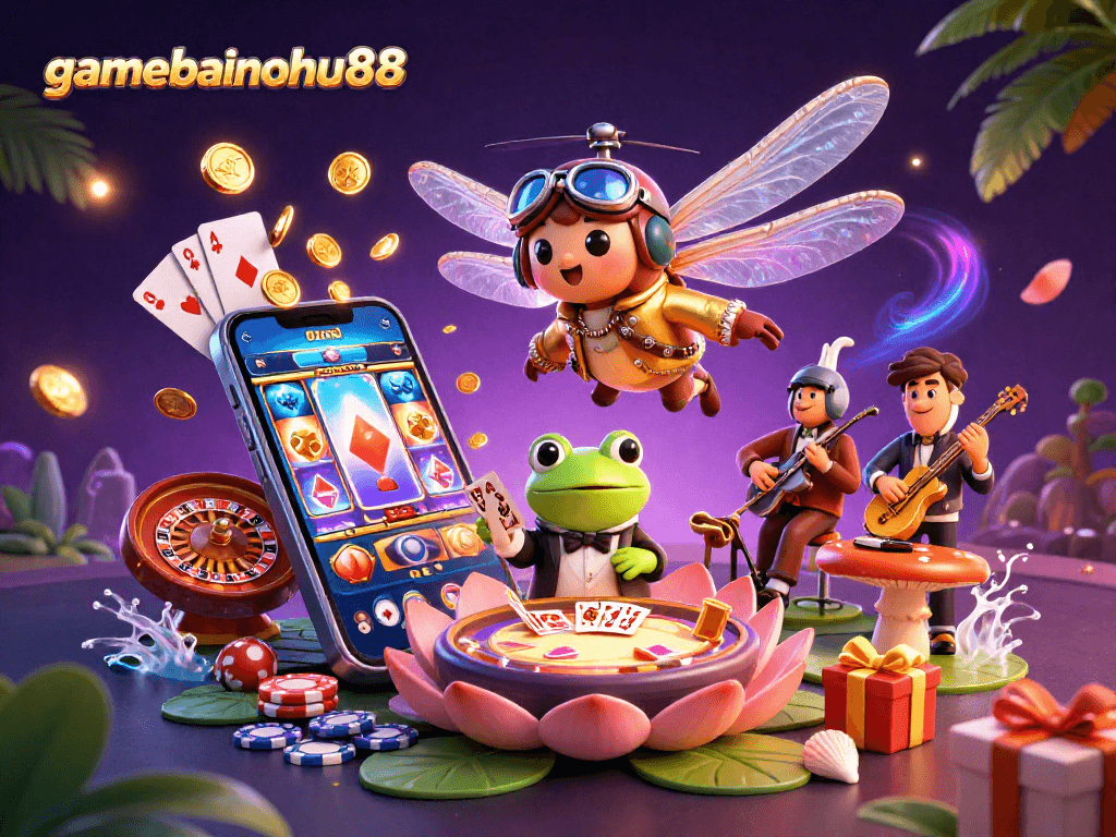 Engage with gamebainohu88 as vibrant characters exemplify thrilling gambling experiences in a dynamic scene.