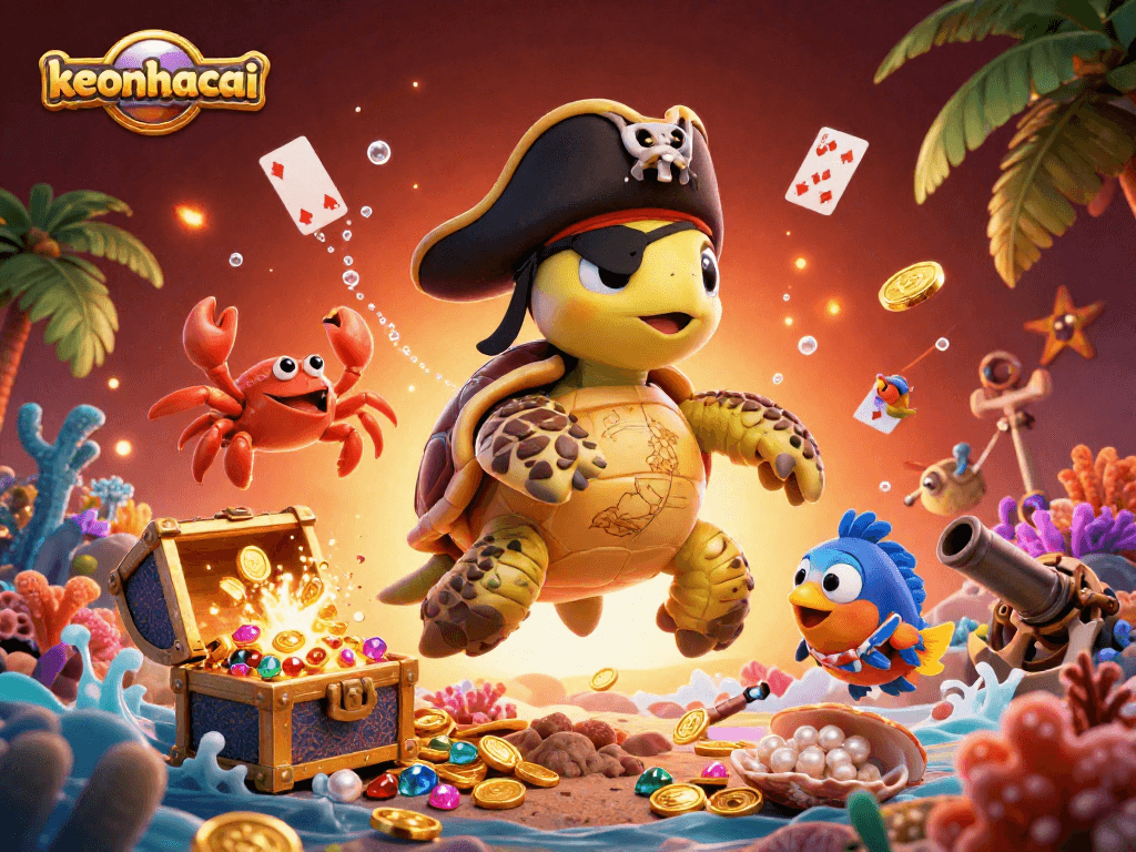 Engage with keonhacai's vibrant casino world, featuring a pirate turtle, treasure, and card games.