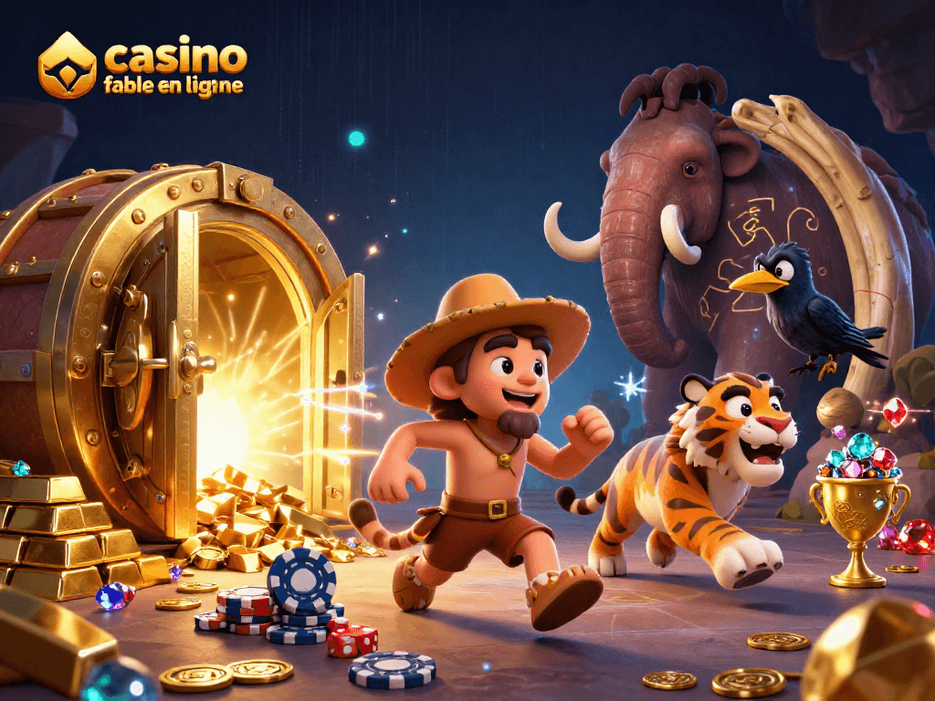 Visitez un casino fiable en ligne avec des jeux captivants et des personnages uniques dans cette illustration colorée.