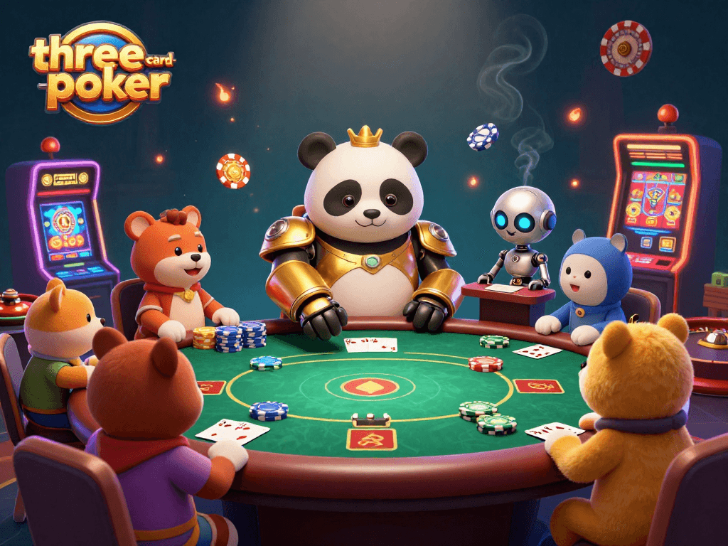 Engage with three-card-poker at a lively casino table managed by a mech-suit panda in a vibrant atmosphere.