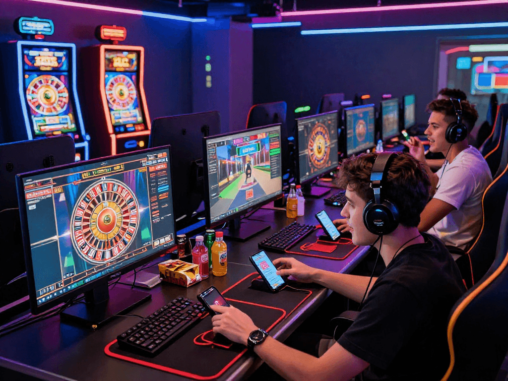 Dynamic crypto casino scene with players engaged in online gaming, vibrant colors and interactive experience.