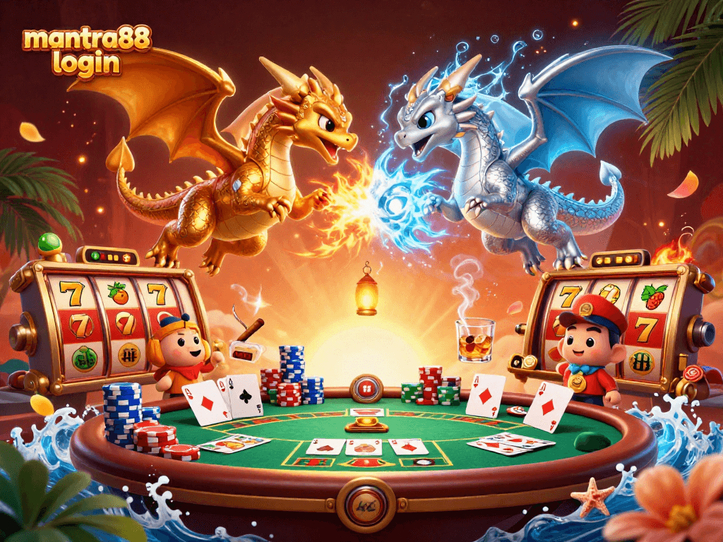 Experience the thrill at mantra88 login with dynamic dragons and casino elements in this captivating scene.
