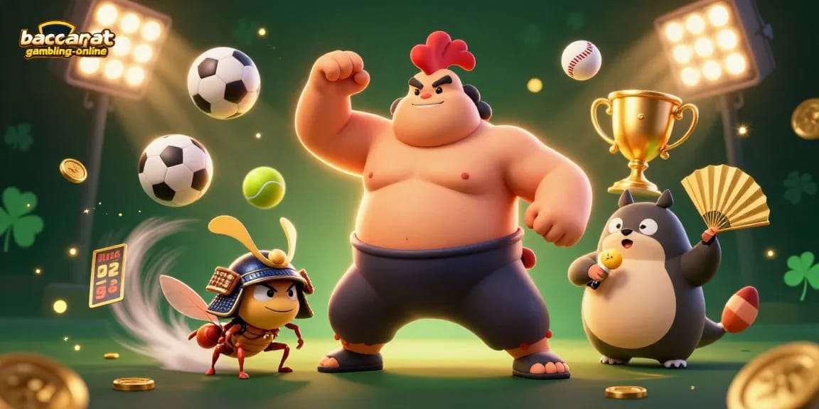 Baccarat-gambling-online showcases a thrilling scene with a powerful sumo rooster, fierce samurai cricket, and tanuki announcer amidst action-packed gaming elements.