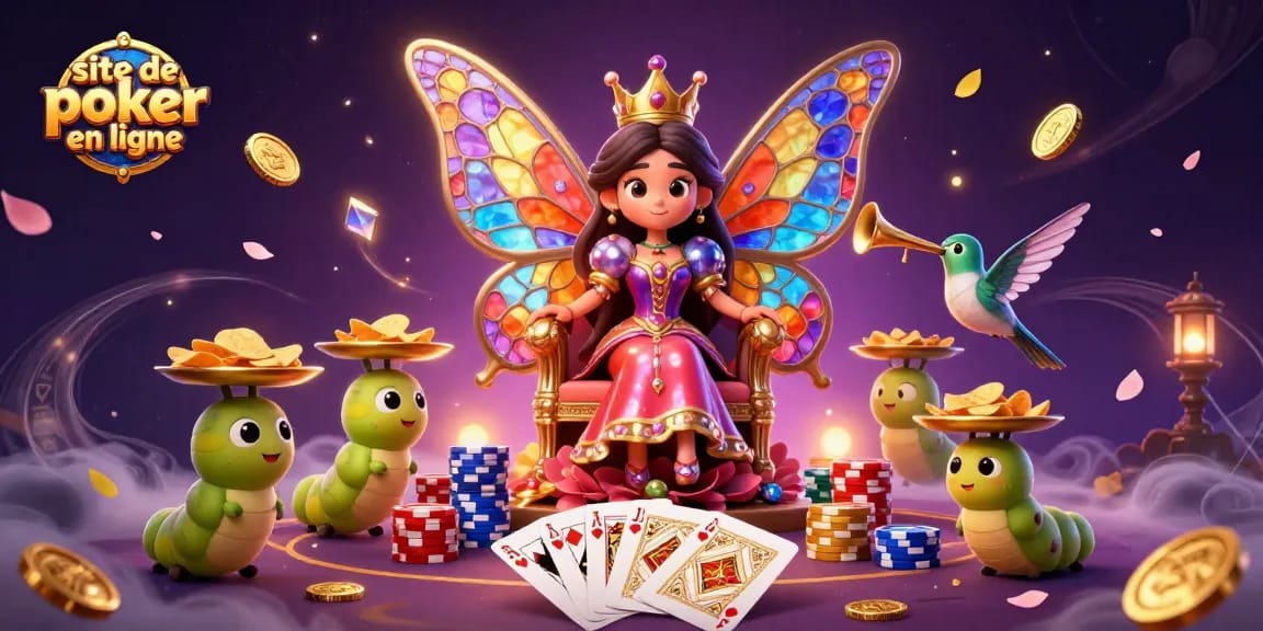 Site de poker en ligne : illustration 3D d'une reine papillon au poker entourée de jetons et cartes