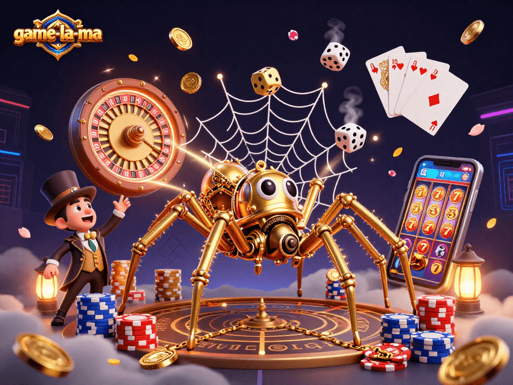 Experience the thrilling world of game-la-ma with a captivating casino-themed illustration featuring steampunk elements and gaming dynamics.