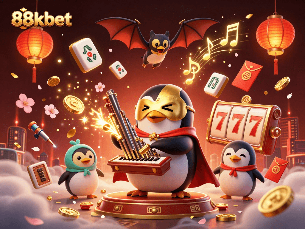 Experience thrilling gaming at 88kbet with golden coins cascading from a whimsical casino scene.