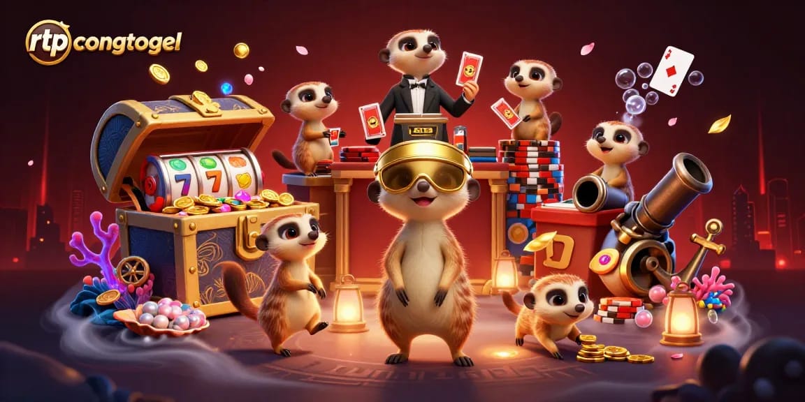 Engage with rtpcongtogel's immersive meerkat casino scene, brimming with gold coins and vibrant game elements.