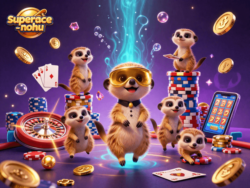 Experience the vibrant energy of superace-nohu with meerkats running a lively casino, surrounded by dazzling sparkles and golden coins.