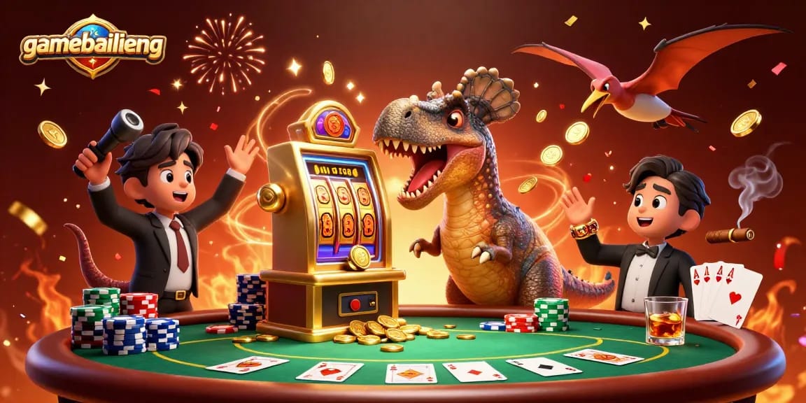 gamebailieng features a cartoon pachycephalosaurus triggering a jackpot at the slot machine