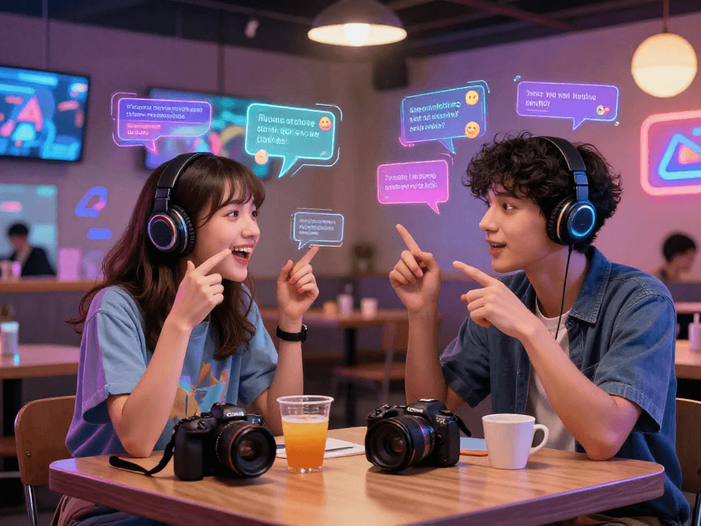 Interactive ai hentai chat scene featuring anime characters in a vibrant digital cafe.