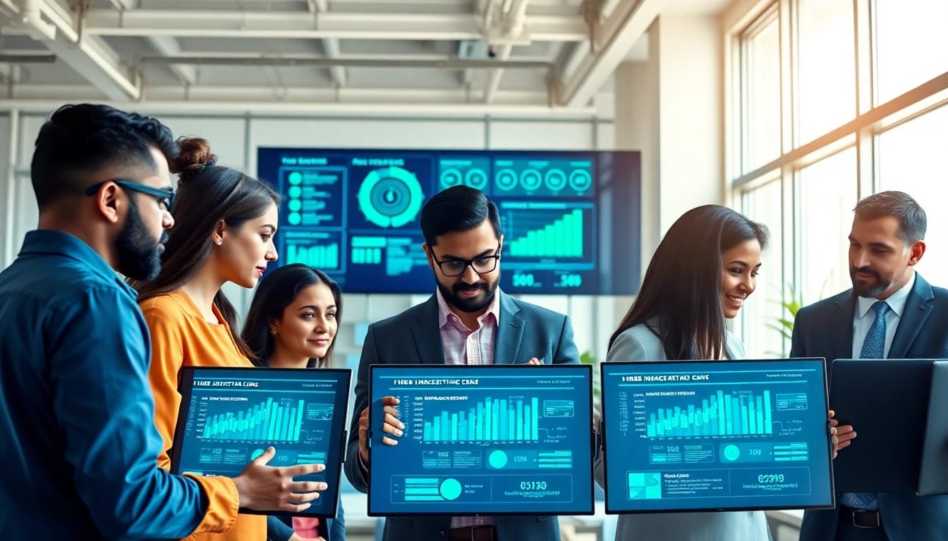 Achieve Your Goals With AI by collaborating with AI tools in a bright modern office.