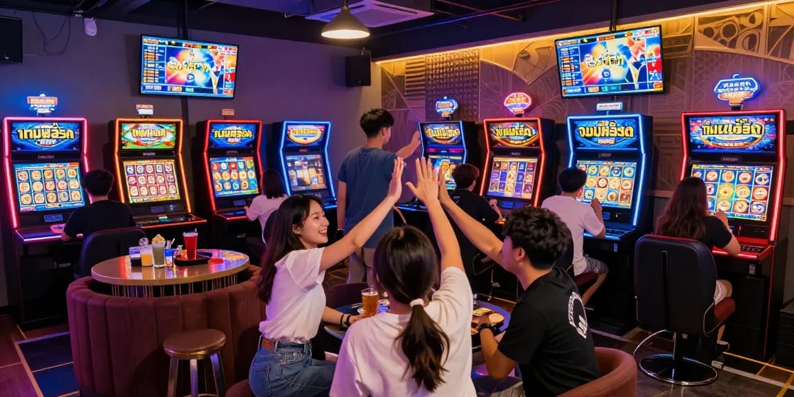 Friends celebrating their wins playing เกมสล็อต in a vibrant gaming lounge.