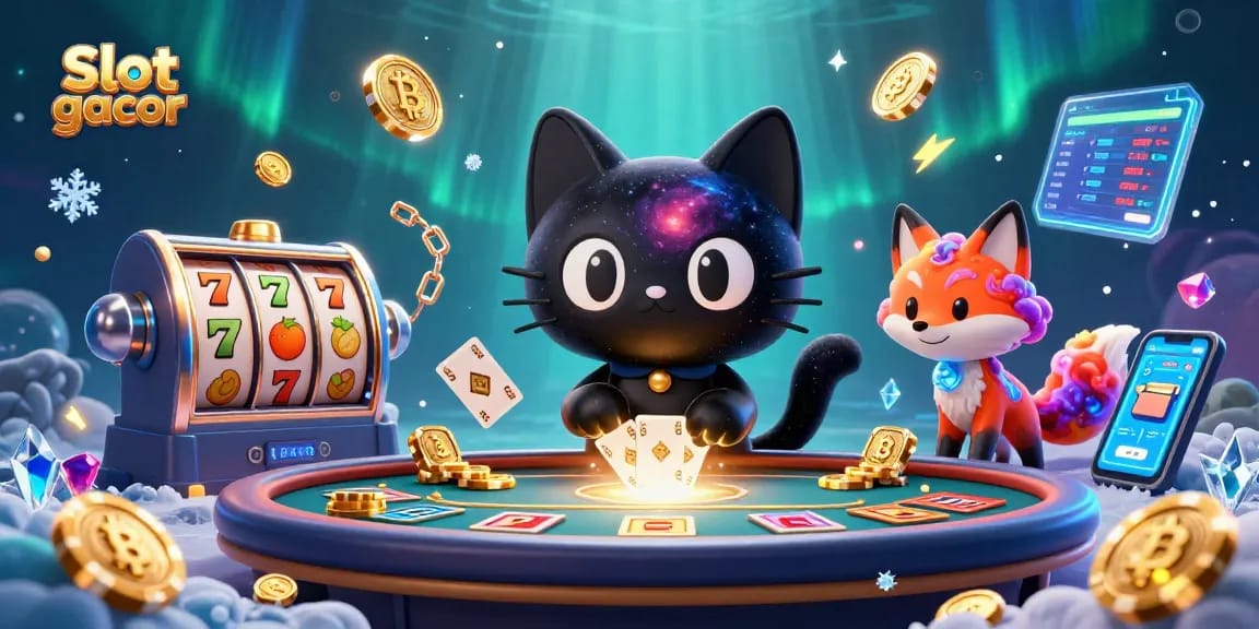 Menggandakan kemenangan di slot gacor dengan ilustrasi hiburan kasino penuh warna dan elemen beruntung.