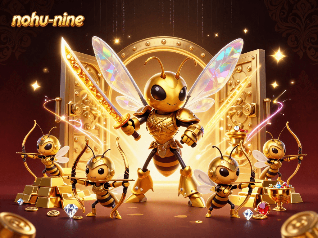 Engage in thrilling gameplay with nohu-nine, featuring a captivating golden hornet in a vibrant casino scene.