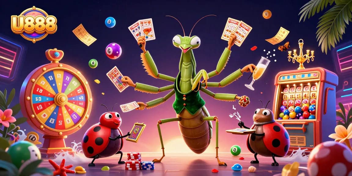 Experience thrilling gaming at U888 with a colorful dynamic casino scene showcasing lively characters and game elements.