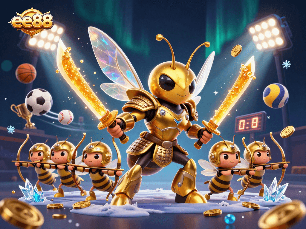Engage with ee88's vibrant casino scene featuring a golden hornet and sports elements.