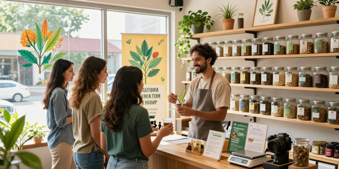 Kratom shop scene showcasing diverse products and friendly customer interaction.