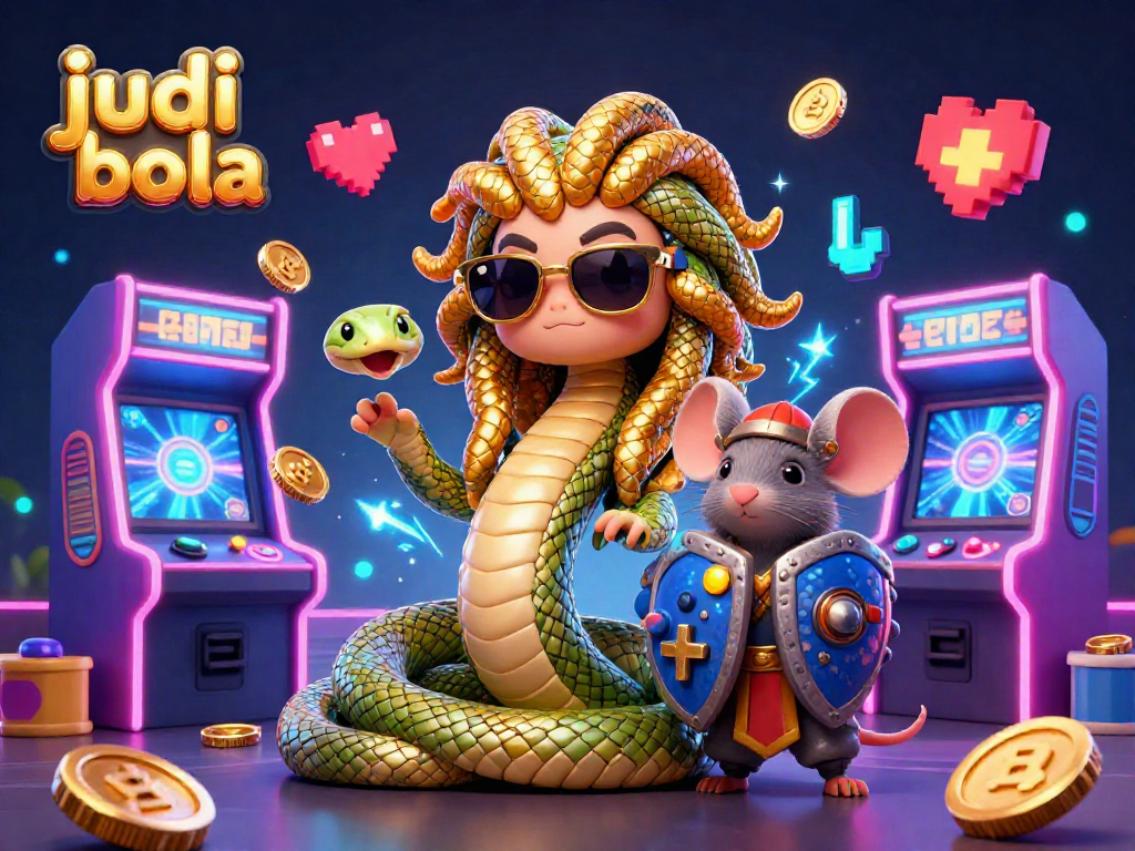 Engage in judi bola betting with a fun 3D casino scene featuring a cute Medusa and a warrior mouse.