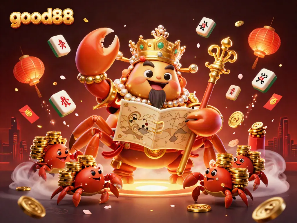 Experience thrilling gameplay at good88 with a vibrant illustration of a golden crab emperor amidst casino elements.