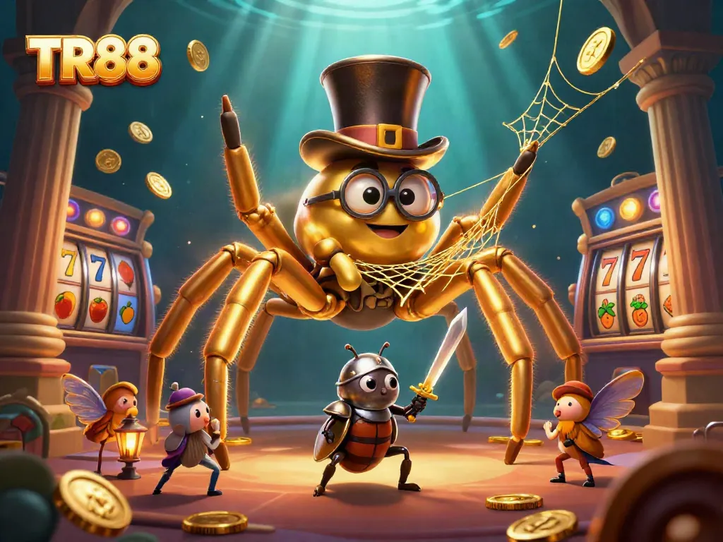Experience TR88 thrills with vibrant slot reels and golden characters in a dynamic casino setting.