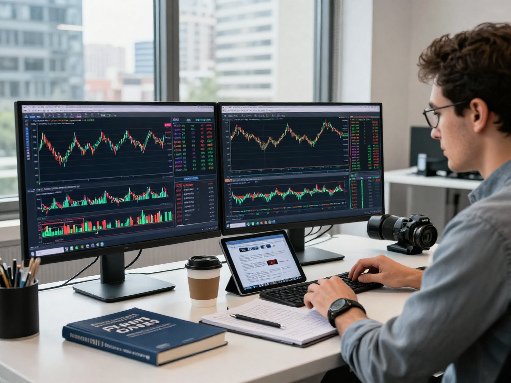 Financial trader examining charts on metatrader 5 in a bright workspace.