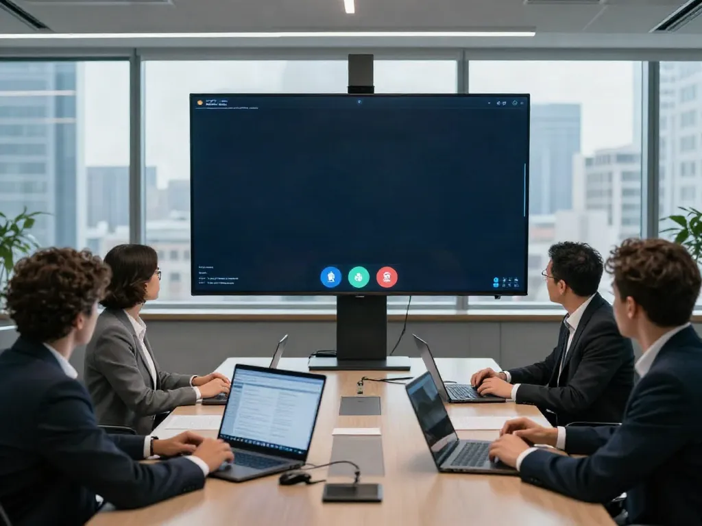 Deepfake-protected meetings scenario with professionals discussing in a secure digital conference setup.