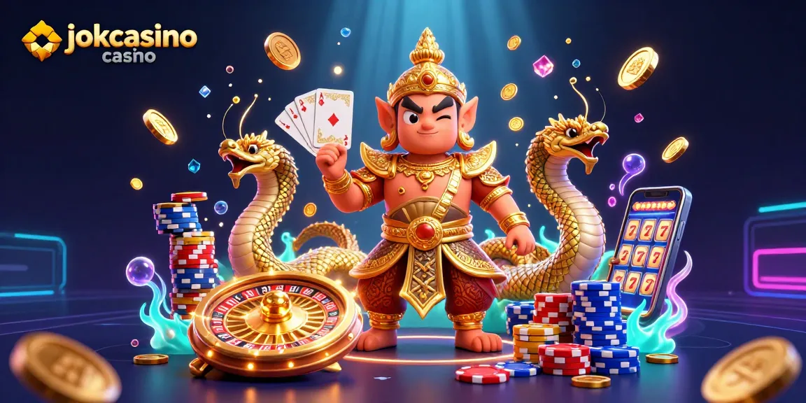 Engage with jokacasino casino through vibrant gaming elements featuring a Thai temple guardian alongside Naga serpents.