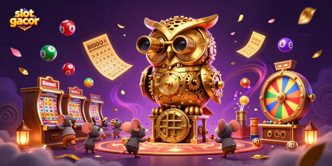 Slot gacor dalam ilustrasi 3D yang menampilkan burung hantu emas bertema kasino, dikelilingi bola lotere berwarna.
