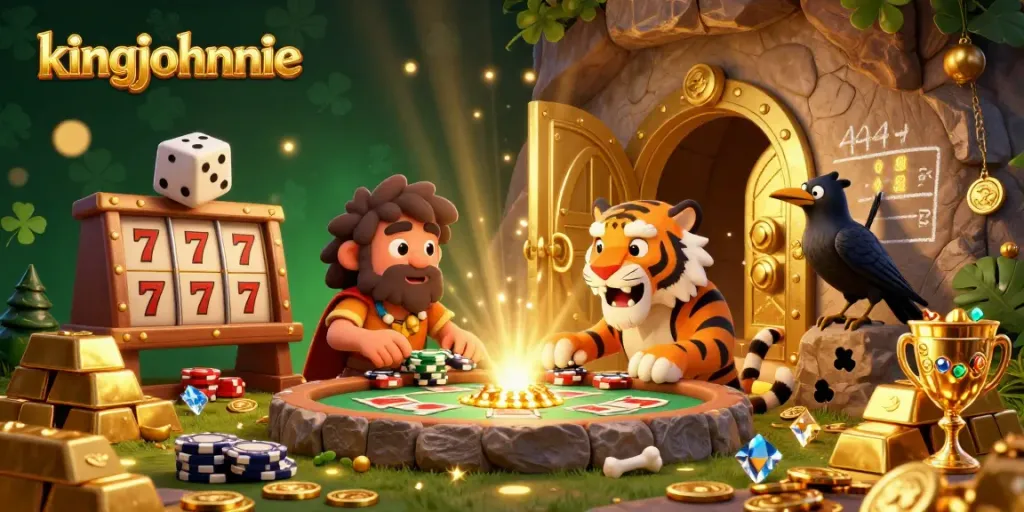 Engage in thrilling gameplay at King Johnnie's prehistoric casino with vibrant slot machines and rich golden treasures.