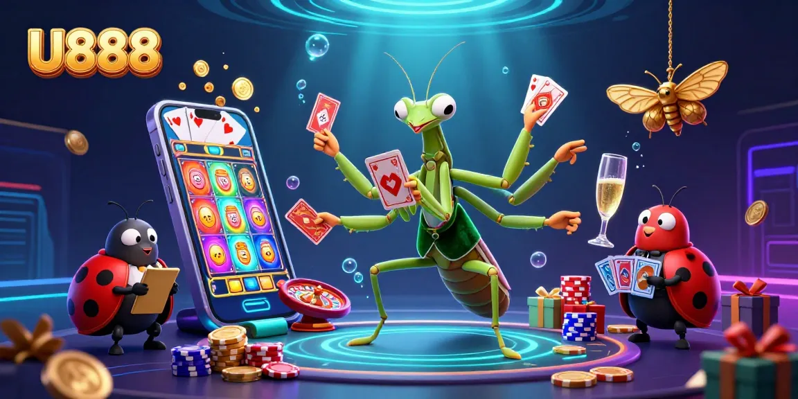 U888 entertaining players with thrilling slot games in vibrant 3D illustration filled with color and action.