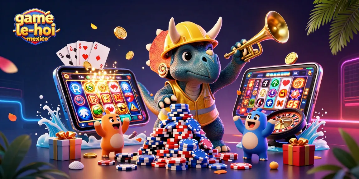 Engage in the game-le-hoi-mexico with vibrant slot reels and celebratory characters in a dynamic casino scene.