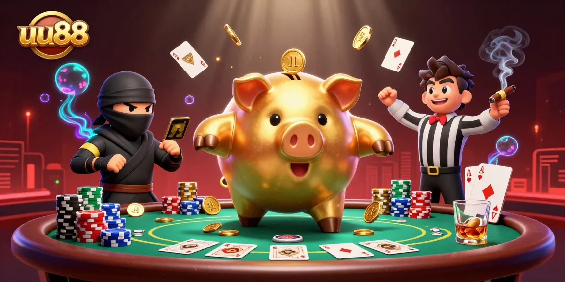 Experience exciting gameplay with uu88's dynamic casino action featuring a piggy bank sumo wrestler and ninja.