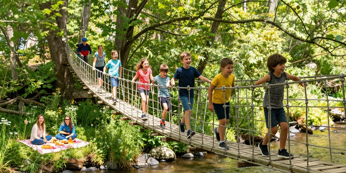 Children crossing a rope bridge design in a scenic forest environment, highlighting adventure and outdoor play.