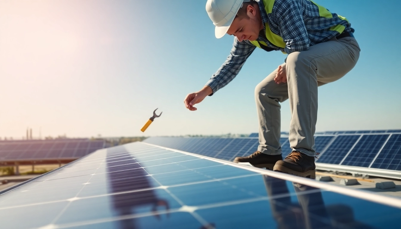 Technician expertly conducting a solar panel repair amidst a bright rooftop setting.